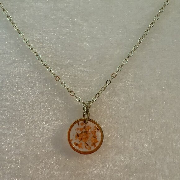 Pressed Birth Month Flower Necklace Small Gold Circle August Gladiolus Personal - Picture 2 of 4